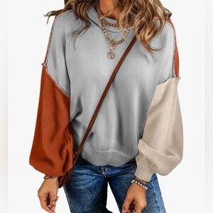 KevaMolly Colorblock Bishop Sleeve Ribbed Trim Patchwork Sweater Sz Small